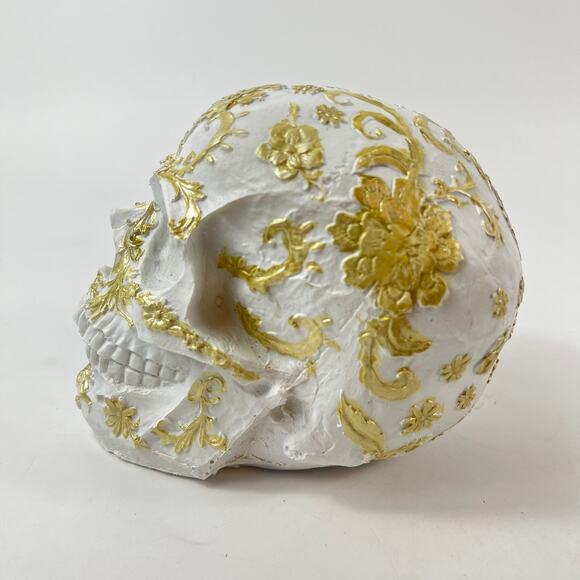 White & Gold 6" Decorative Skull Floral Scrollwork Halloween Apothecary Holiday - Picture 4 of 10